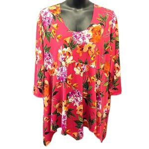 Slinky Brand Floral Top sz 3X Pink Floral Handkerchief Hem 3/4 Sleeve Scoop Neck